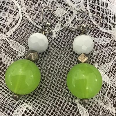 Lime green and white beaded earrings