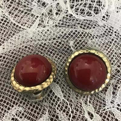 Vintage Gold Tone and Red Enamel Round Domed Stud Earrings with Post Backs for Pierced Ears.