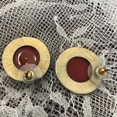 Vintage Gold Tone and Red Enamel Round Domed Stud Earrings with Post Backs for Pierced Ears.