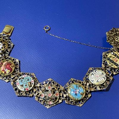 Vintage/Antique Filigree Gold-tone Hand Painted 7" Bracelet w/Safety Chain as Pictured.