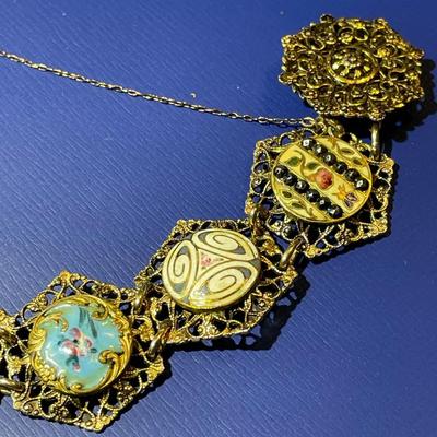 Vintage/Antique Filigree Gold-tone Hand Painted 7" Bracelet w/Safety Chain as Pictured.