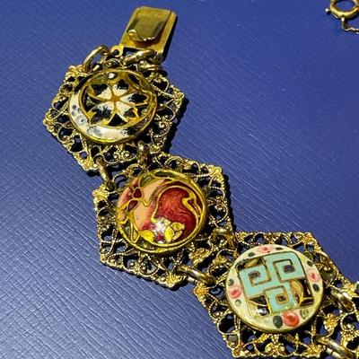Vintage/Antique Filigree Gold-tone Hand Painted 7" Bracelet w/Safety Chain as Pictured.