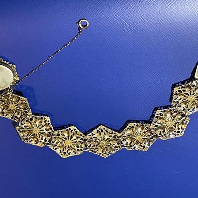 Vintage/Antique Filigree Gold-tone Hand Painted 7" Bracelet w/Safety Chain as Pictured.