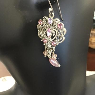 Pink and purple Rhinestone on silvertone earrings