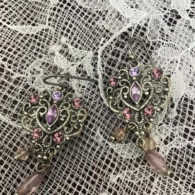 Pink and purple Rhinestone on silvertone earrings