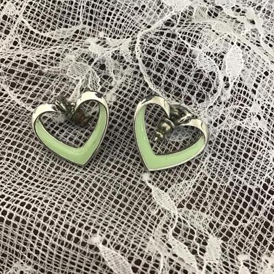 Small mint green heart silver tone earrings