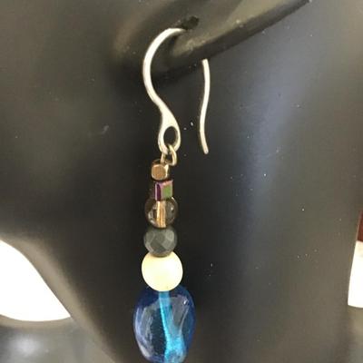 Brown, white, blue, black beaded dangle earrings