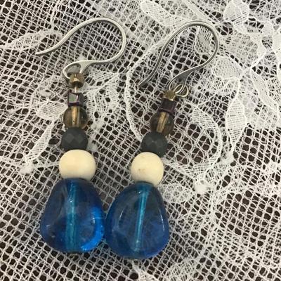 Brown, white, blue, black beaded dangle earrings