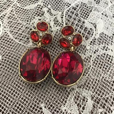 Red and pink gemstone on gold tone Statement Earrings