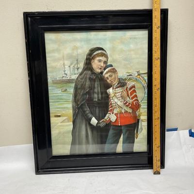 Framed Print Woman with young man dressed in military uniform