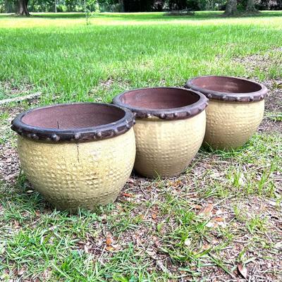 Set of 3 Yellow with Brown Rim Ceramic Planter Pots