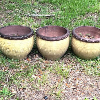 Set of 3 Yellow with Brown Rim Ceramic Planter Pots