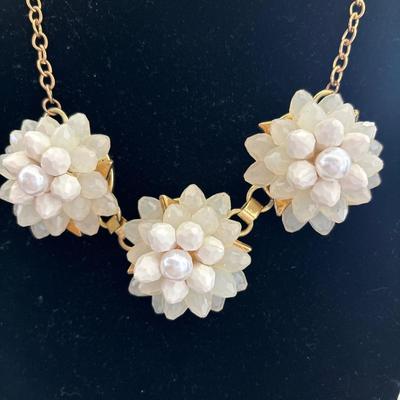 3-D ivory flower beaded statement necklace