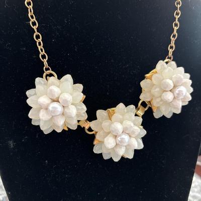3-D ivory flower beaded statement necklace