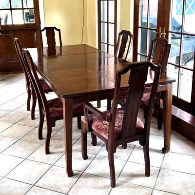 Vintage Solid Wood Dining Table with 2 Leaves, Inlay Design, and 6 Solid Wood Chairs