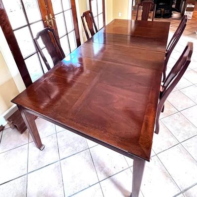 Vintage Solid Wood Dining Table with 2 Leaves, Inlay Design, and 6 Solid Wood Chairs