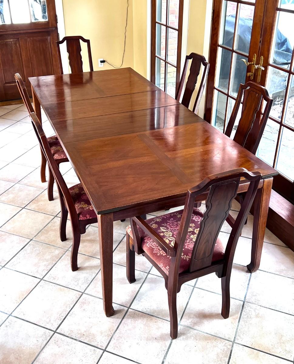 Vintage Solid Wood Dining Table with 2 Leaves, Inlay Design, and 6 Solid Wood Chairs ...