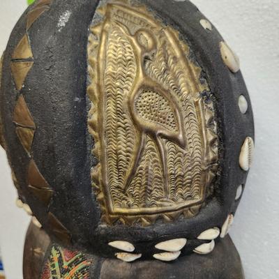 Large African Tribal Folk Art Carved Beaded Brass Metal Shells Mask 27" x10"