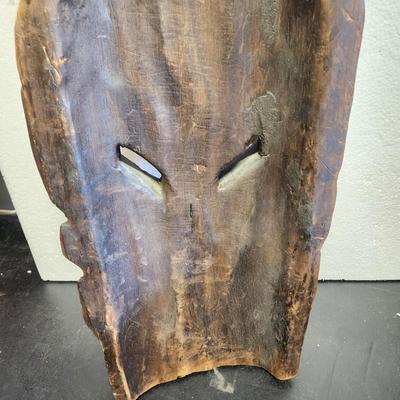Large African Tribal Folk Art Carved Beaded Brass Metal Shells Mask 27" x10"