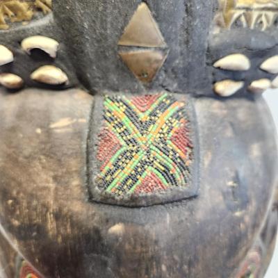 Large African Tribal Folk Art Carved Beaded Brass Metal Shells Mask 27" x10"