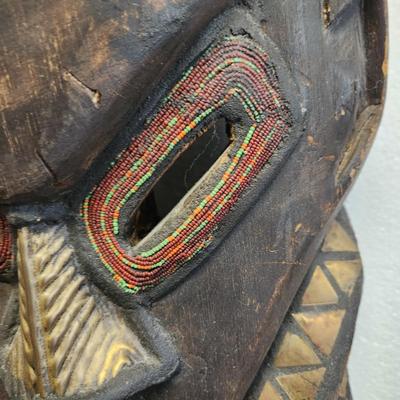 Large African Tribal Folk Art Carved Beaded Brass Metal Shells Mask 27" x10"