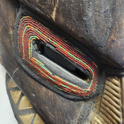 Large African Tribal Folk Art Carved Beaded Brass Metal Shells Mask 27" x10"