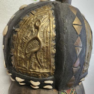 Large African Tribal Folk Art Carved Beaded Brass Metal Shells Mask 27" x10"