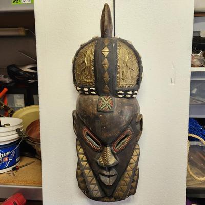 Large African Tribal Folk Art Carved Beaded Brass Metal Shells Mask 27" x10"