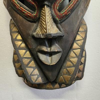 Large African Tribal Folk Art Carved Beaded Brass Metal Shells Mask 27" x10"