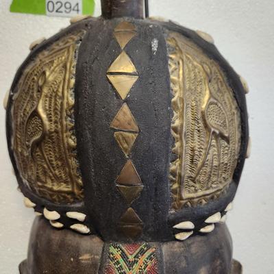 Large African Tribal Folk Art Carved Beaded Brass Metal Shells Mask 27" x10"
