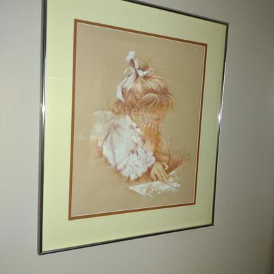 Drawing of Young Lady Reading Framed Under Glass- Approx 21" x 25"