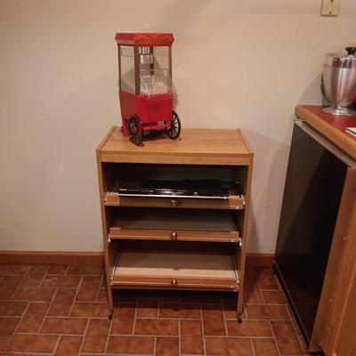 3 SLIDING SHELVE CART, POPCORN MAKER, TOSHIBA DVD PLAYER AND ROUND COFFEE TABLE ON CASTERS