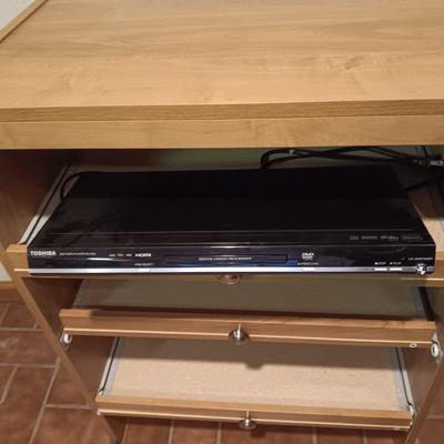 3 SLIDING SHELVE CART, POPCORN MAKER, TOSHIBA DVD PLAYER AND ROUND COFFEE TABLE ON CASTERS