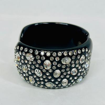 Vintage Hinged Black Plastic Cuff Bracelet with Rhinestones