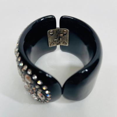 Vintage Hinged Black Plastic Cuff Bracelet with Rhinestones