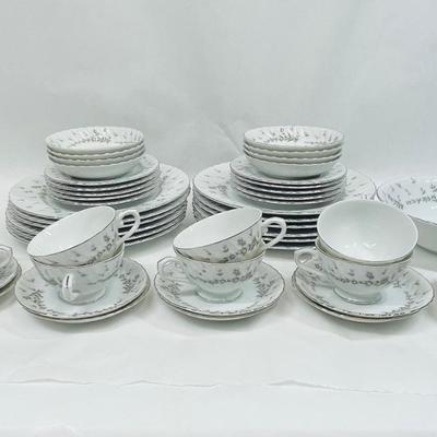 Style House Fine China Set "Picardy" Japan, 50 pc set, white with pink & gray flowers