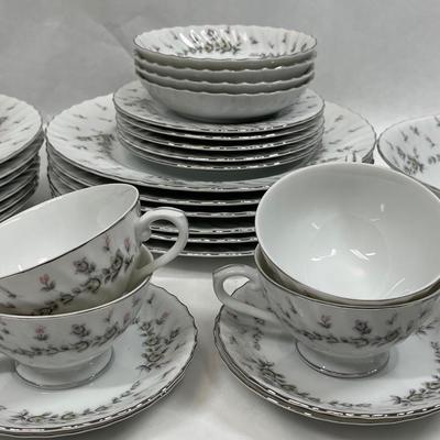 Style House Fine China Set "Picardy" Japan, 50 pc set, white with pink & gray flowers
