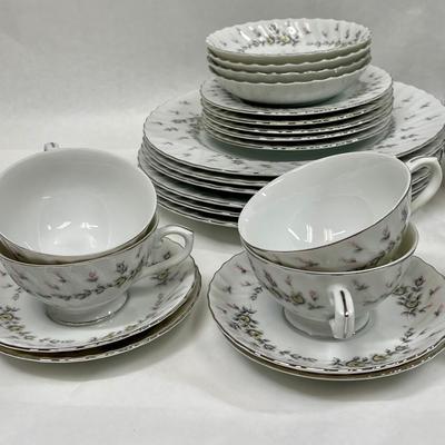 Style House Fine China Set "Picardy" Japan, 50 pc set, white with pink & gray flowers