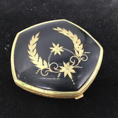 Vintage Art Deco Black Guilloche Enamel Compact with Double sided Mirror, Rouge