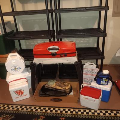 LIKE NEW THERMOS GRILL TO GO PLUS SEVERAL COOLERS AND A FOLDING CHAIR