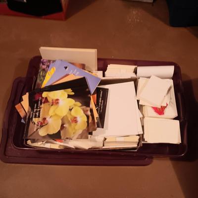 STORAGE TOTE FULL OF STATIONARY, GREETING CARDS, ENVELOPES AND MORE