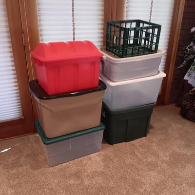 6 STORAGE TOTES AND A MILK CRATE