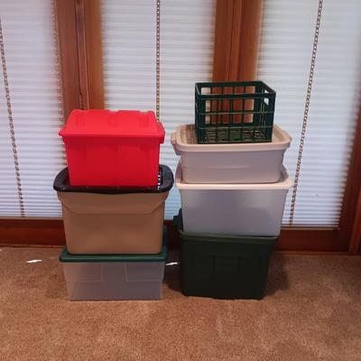 6 STORAGE TOTES AND A MILK CRATE