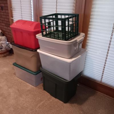 6 STORAGE TOTES AND A MILK CRATE