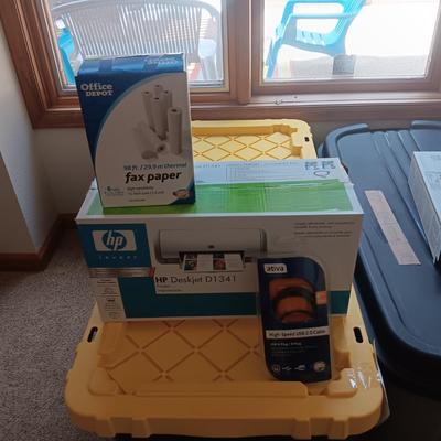 LIKE NEW HP DESKJET D1341 PRINTER, BOX OF FAX PAPER AND A HIGH SPEED USB CORD