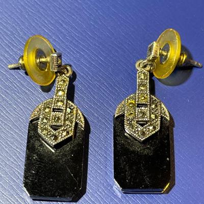 Vintage Mid-Century Dainty Sterling Silver Marcasite & Onyx Dangling Earrings as Pic'd.