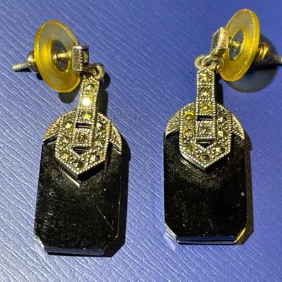Vintage Mid-Century Dainty Sterling Silver Marcasite & Onyx Dangling Earrings as Pic'd.