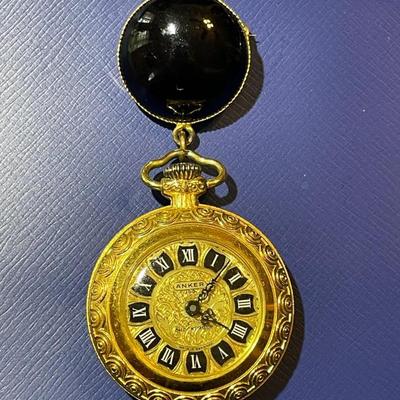 Vintage Mid-Century Dainty ANKER German Dainty Pocket Watch on an Onyx Fob in Good Working Condition as Pic'd.