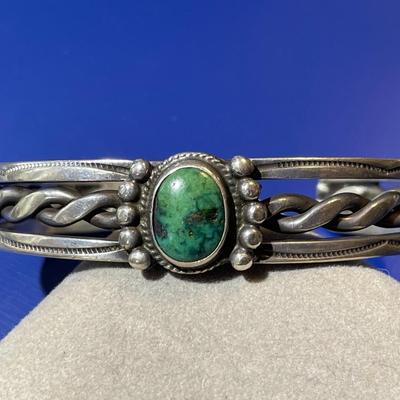 Vintage Mid-Century Solid Sterling Silver Malachite Stone Cuff Bracelet Standard Size 7" Wrist in VG Preowned Condition as Pic'd.