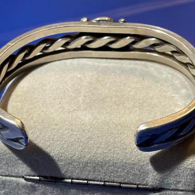 Vintage Mid-Century Solid Sterling Silver Malachite Stone Cuff Bracelet Standard Size 7" Wrist in VG Preowned Condition as Pic'd.